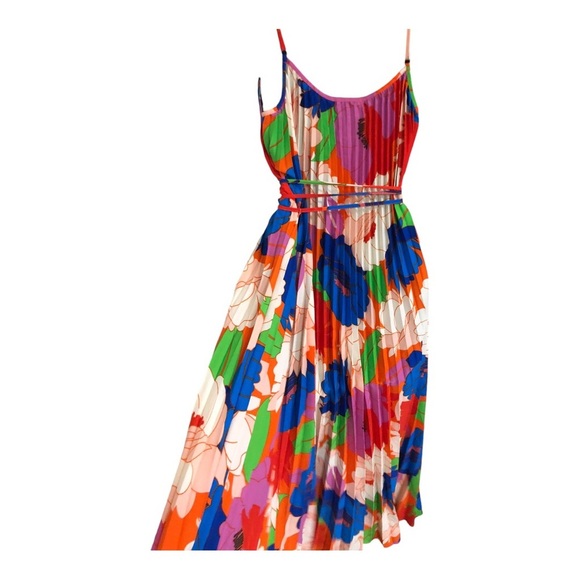 Sam Edelman jpy orange retro floral plisse Pleated belted MIDI Dress size XL new - Picture 16 of 17